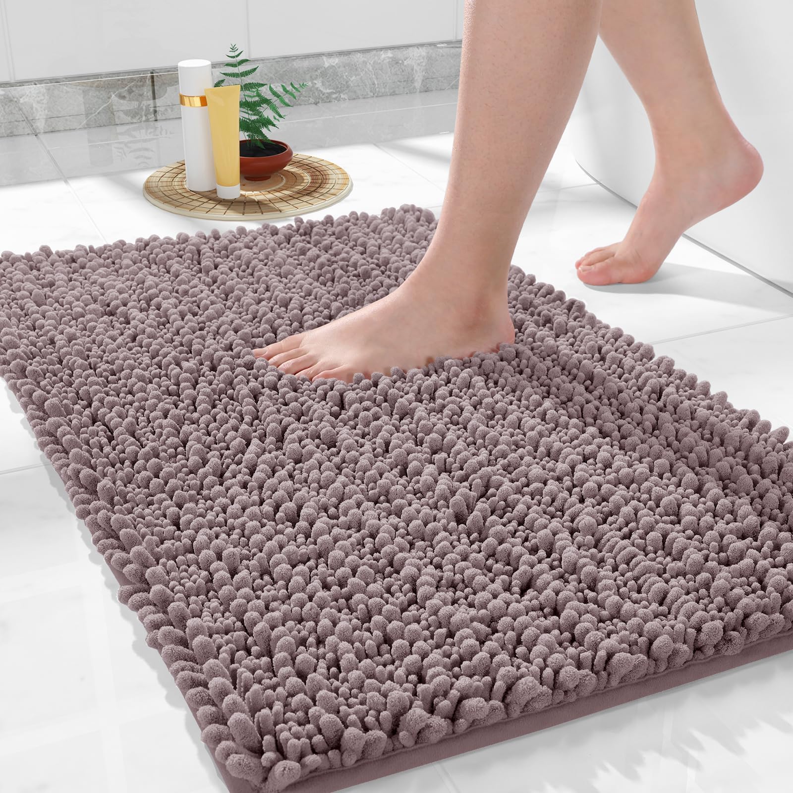 Yimobra Original Luxury Chenille Bath Rugs Mat, 92 x 61 cm, Soft Shaggy and Comfortable, Large Size, Super Absorbent and Thick, Non-Slip, Machine Washable, Perfect for Bathroom, Mauve