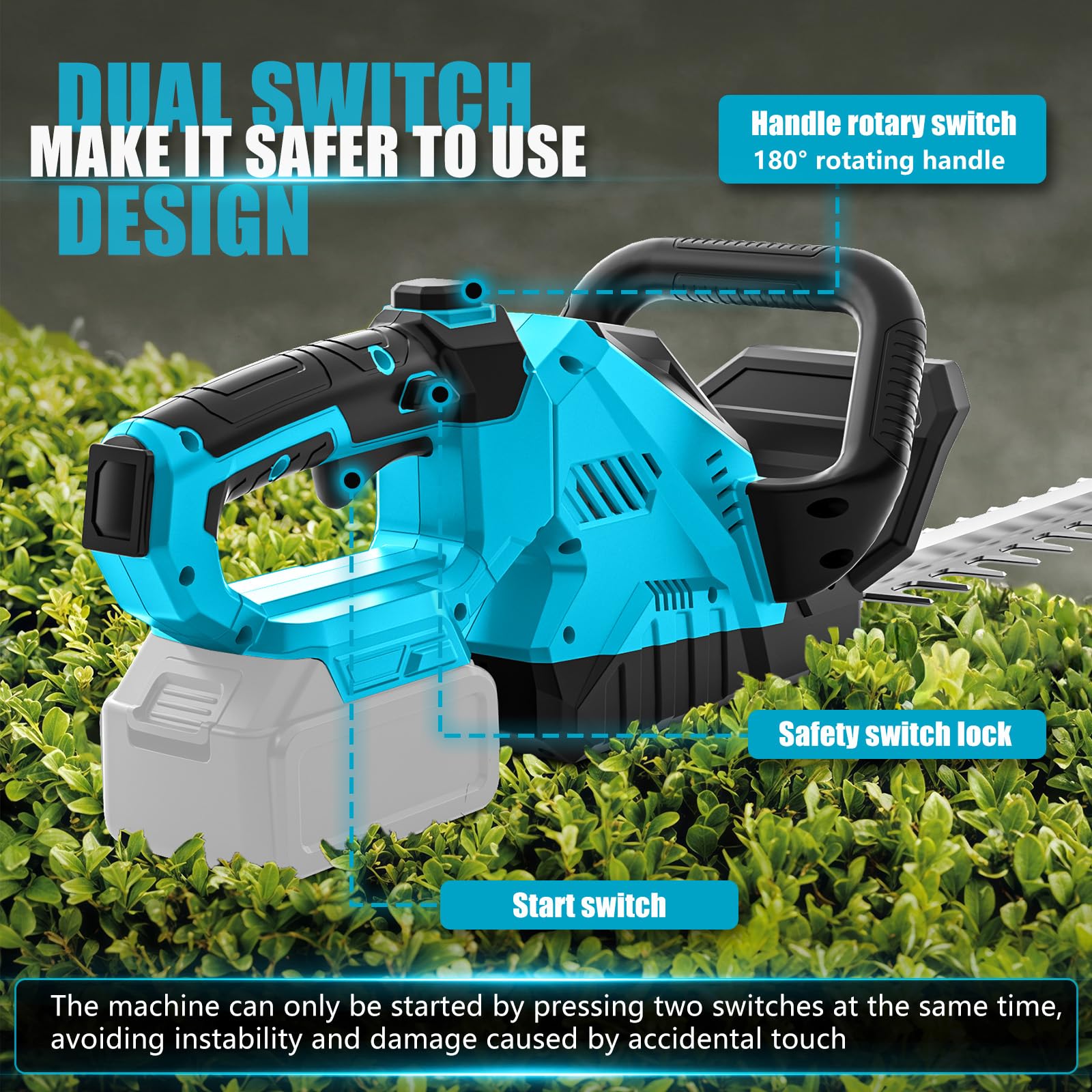 Cortasetos batería Compatible con Makita 18V batería (sin batería), Tijeras Cortasetos eléctrico sin escobillas de 3000RPM con Cuchilla de 52cm y Cabezal Giratorio de 180º | 3000 rpm, tijeras eléctricas para arbustos sin escobillas, con cabezal giratorio