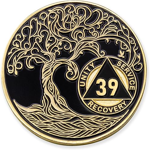 Miniatura 11 de Medallón/Ficha/Ficha de Recuperación AA Sobriety Mint de 2 Años, Árbol de la Vida Retorcido, Dorado - Negro