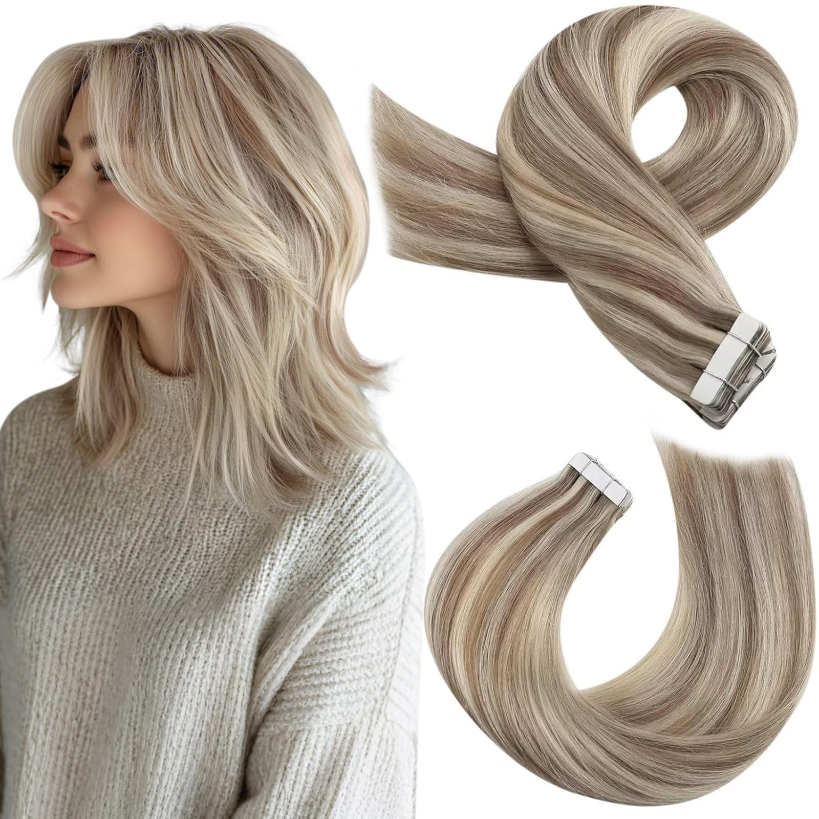 Moresoo Tape in Hair Extensions Human Hair 40pcs Light Brown Highlighted Platinum Blonde Tape Hair Extensions Real Remy Human for Women Short Length Straight Hair Adding Volume 12 Inch 60g #9A/60