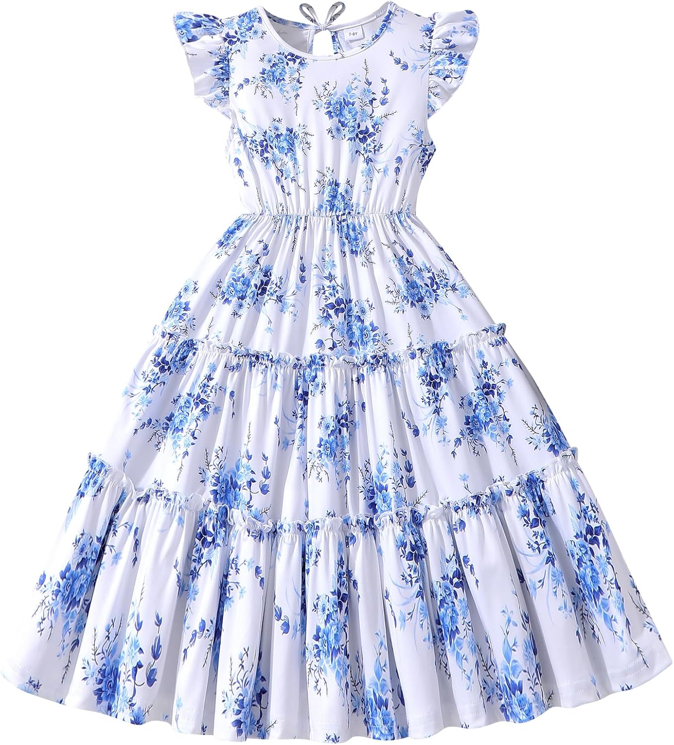 Girls Dress, Summer Clothes Flutter Sleeve, Elastic Waist, A-Line, Casual, for 7-14 Years Kids