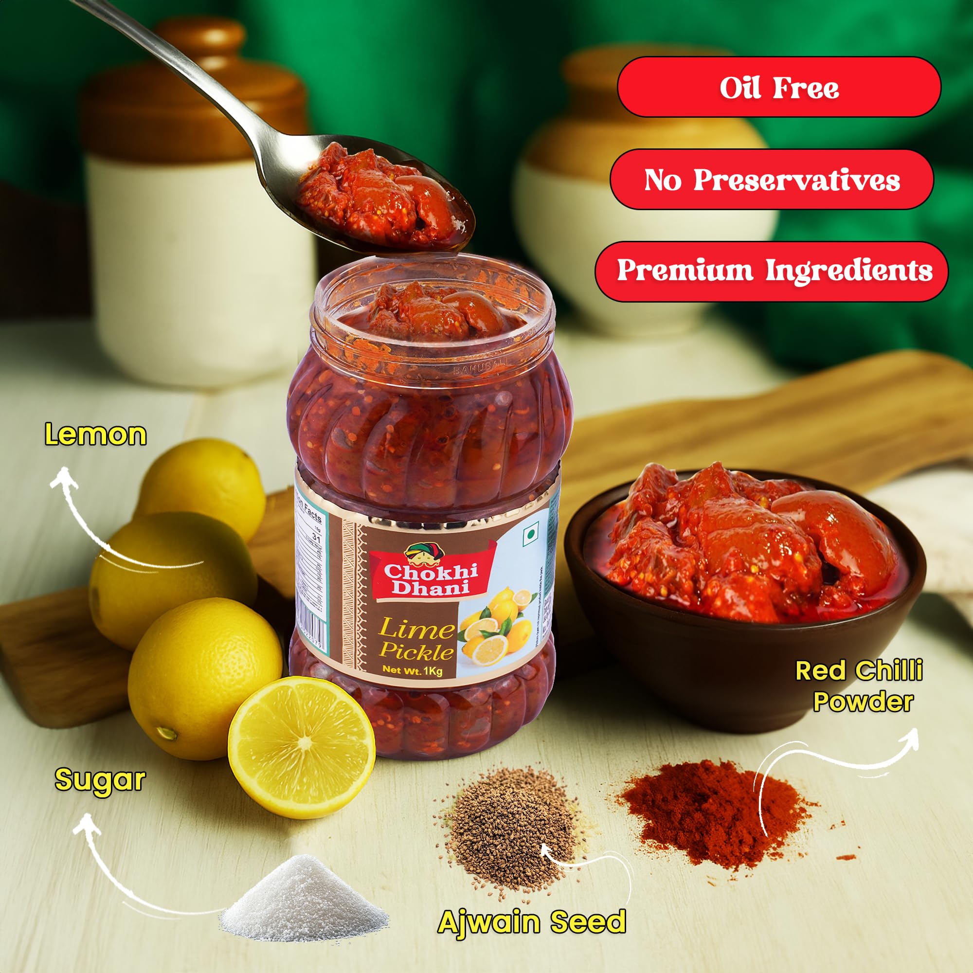 Chokhi Dhani Lime Pickle 1kg | Traditional Nimbu Achar | Spicy Tangy Lemon Pickle | Homemade Style Indian Achar | Oil Free | No Onion No Garlic | Khatta Chatpata Taste 1