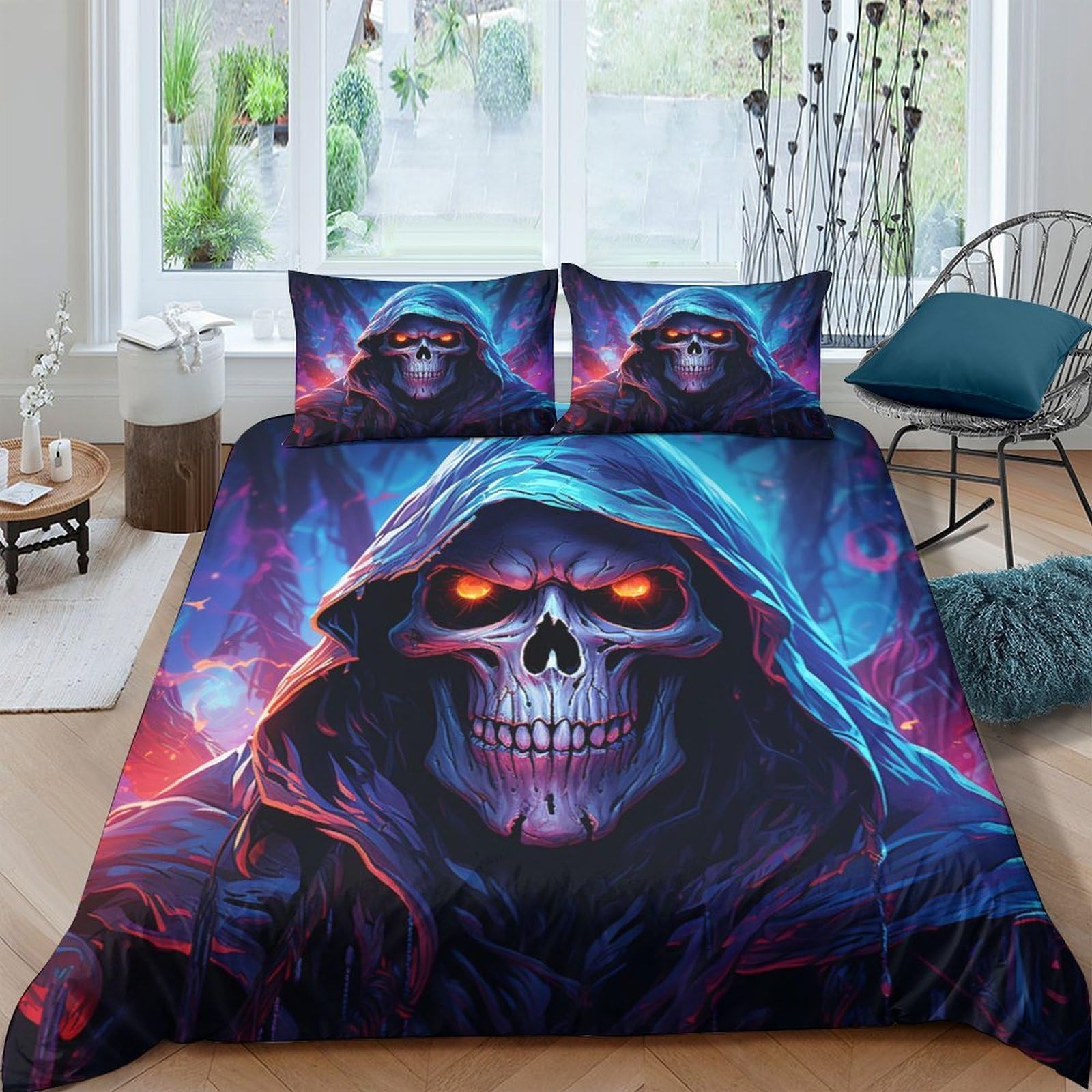 GPLZQXKJNH 3D Printed Grim Reaper Duvet Cover Microfiber Soft Skull Bedding Set with 2 Pillowcases for Bedroom Decor Single（135x200cm）