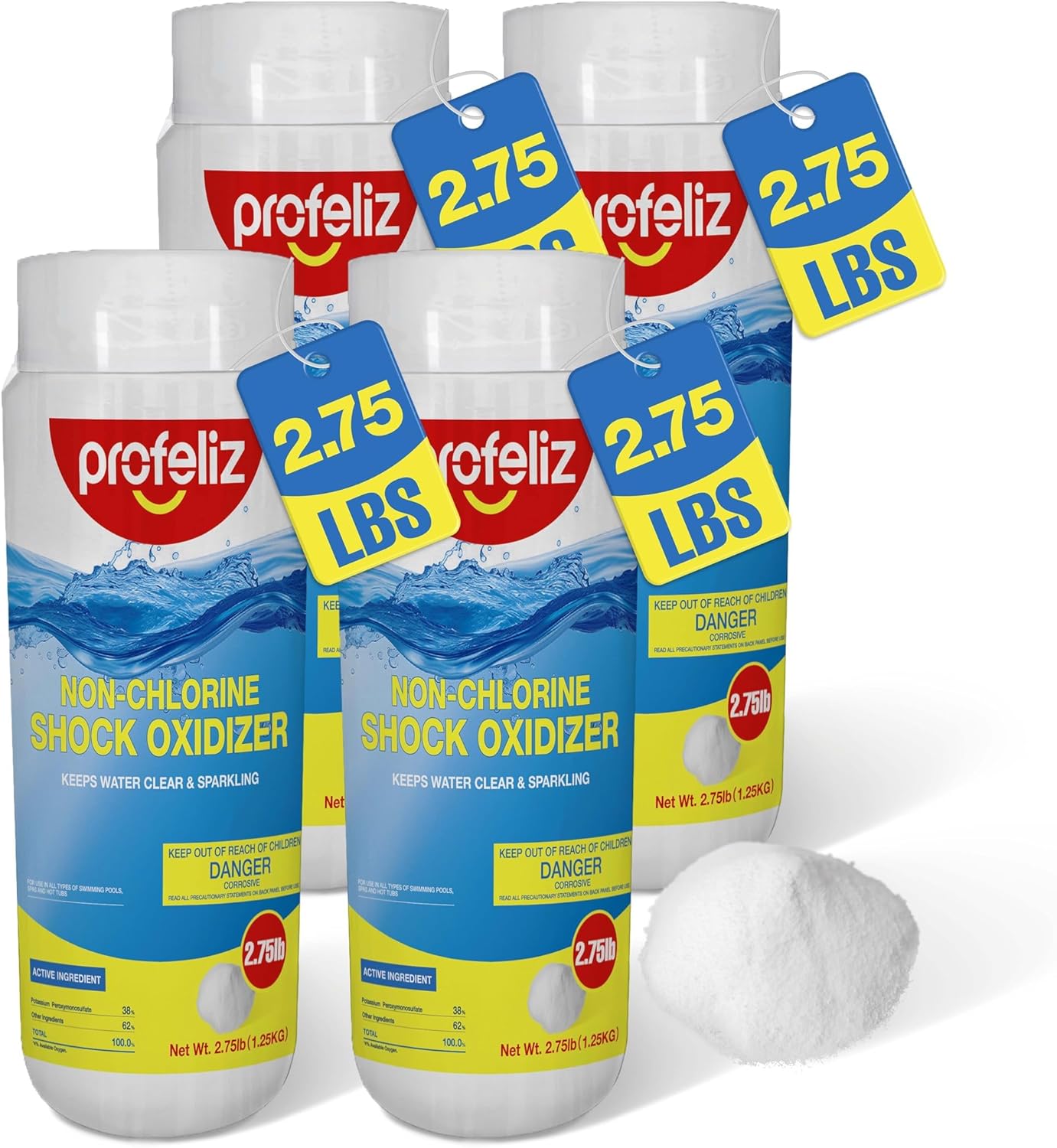 PROFELIZ Paquete de 4 oxidantes de choque sin cloro para jacuzzis, tratamiento de choque de piscina de spa sin cloro, clarificador de agua oxidante