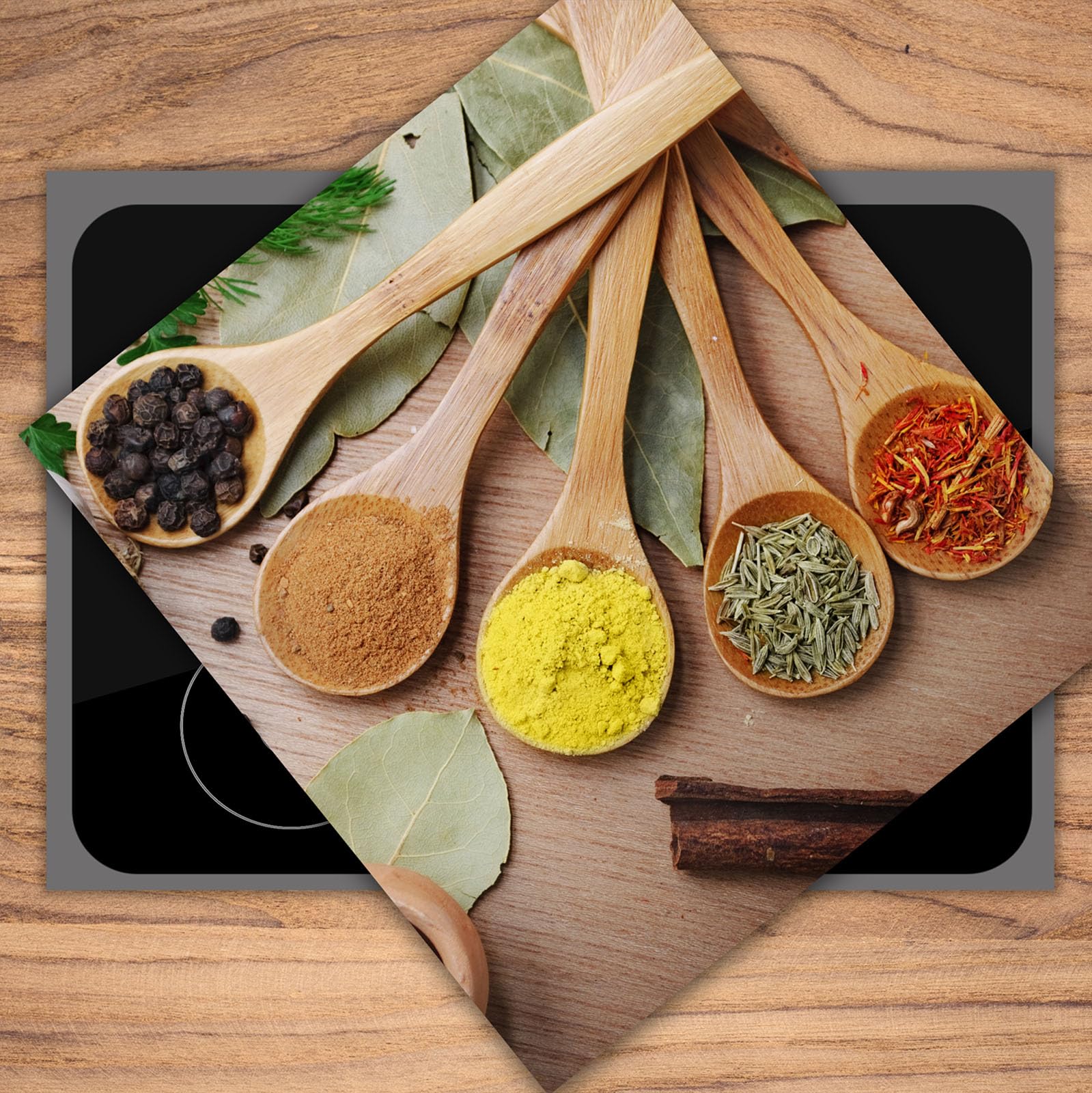 SMTDeco Protection Plaque De Cuisson, Vitrocéramique, Verre Trempé, Pour Cuisinières électrique, à Induction,planche à Découper 60x65 Cm Pièce Unique Motif "Épices" Coloris Bois