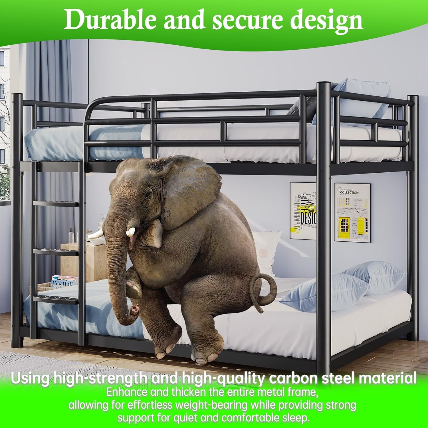erosoei Metal Bunk Bed, Full Over Full Bunk Beds with Removable Wide Ladder and Full-Length Guardrails, Low Bunk Bed Frame with Mute Design for Undisturbed Sleep for Adults, Kids and Young Teens