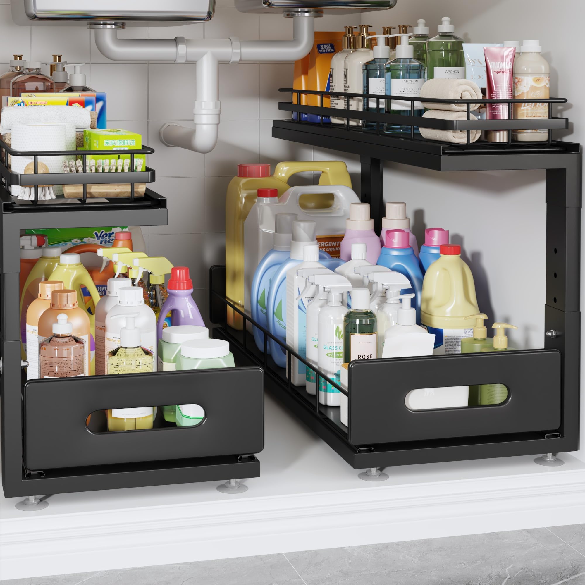 Under Sink Organizer Upgrade To Professional Rails,2-Tier Dual Pull Out Cabinet Storage,Height Adjustable Slide Out Drawers For Bathroom Kitchen,2 Pack-21"Dx12.8"-16.9"H,Black