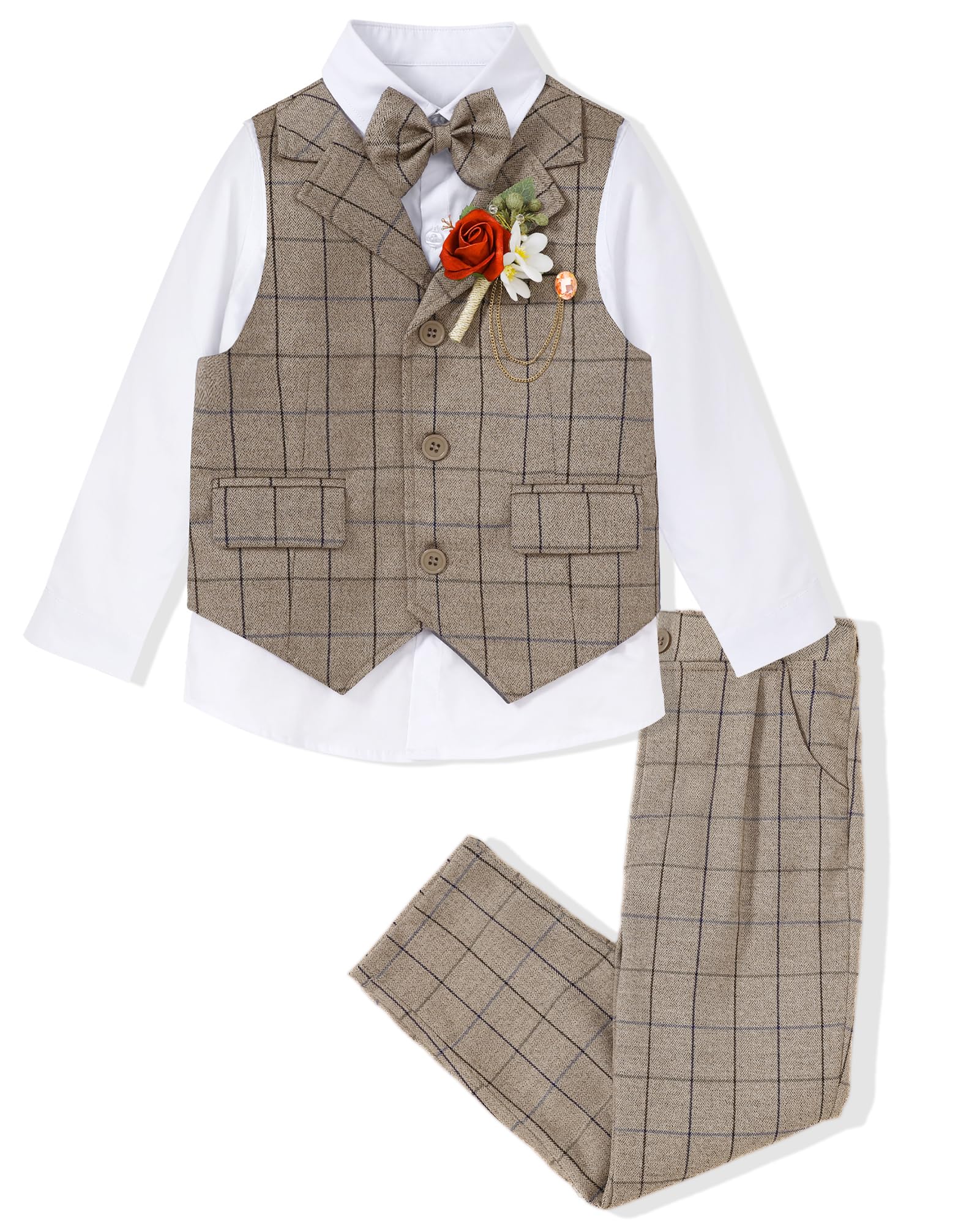 DISAUR Boys Dress Clothes 5-Piece Formal Suit Set, Vest, Pants, Dress Shirt, Bowtie and Boutonniere Kids Wedding Outfit