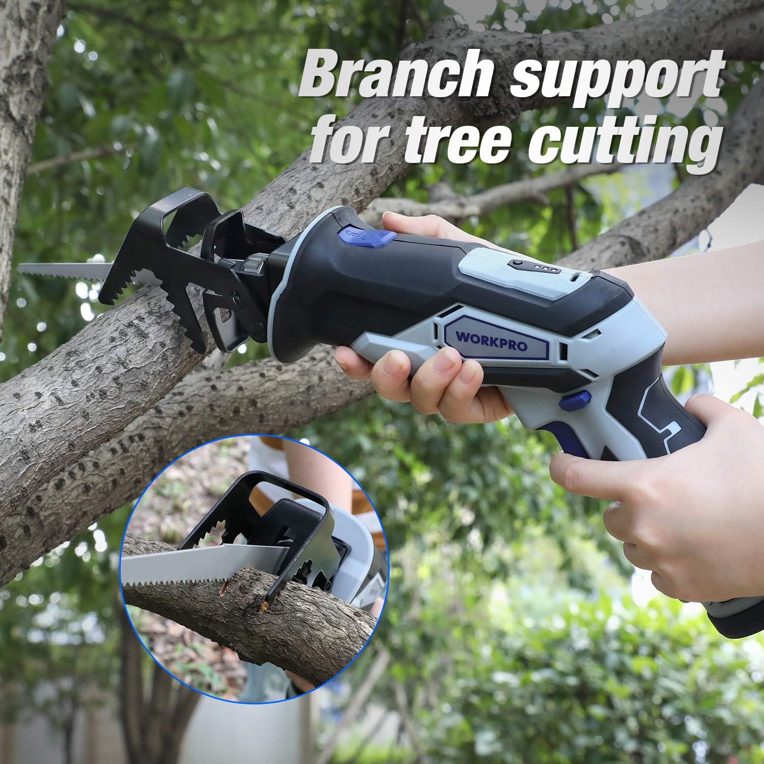 WORKPRO reciprocating saw with branch support cutting a tree branch