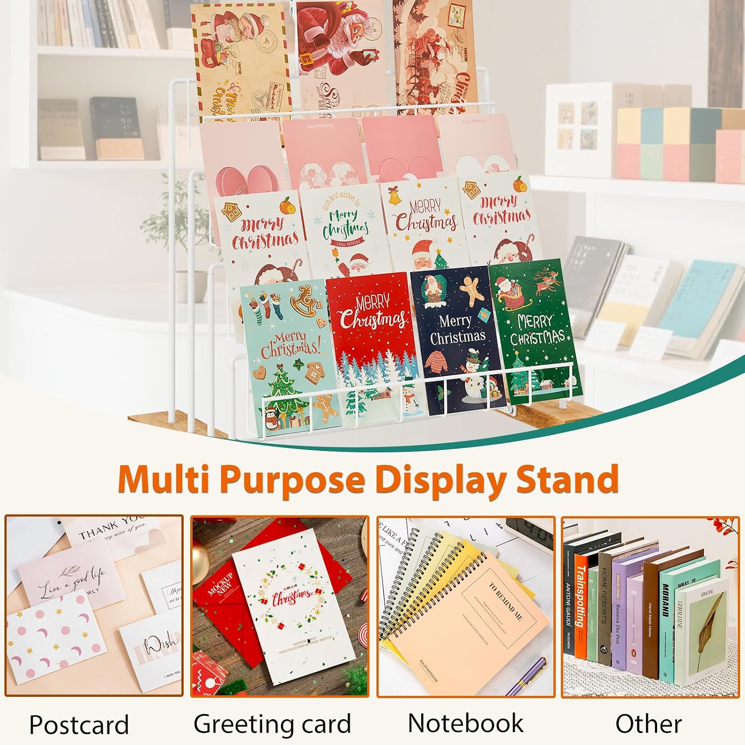 Condition photo showing New/Like New for greeting card display stand, 4-tier greeting card organizer for cards, postcard, photos, brochure, sticker, trading cards, metal & wooden retail display rack for vendors counter retail (white)