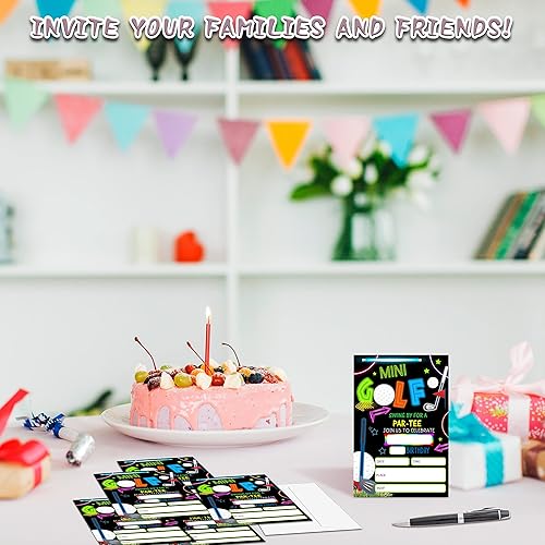 Miniatura 4 de Invitaciones de mini golf para fiesta de cumpleaños, 20 unidades neón resplandor brillo arcade láser deporte tema fiesta de cumpleaños invitaciones