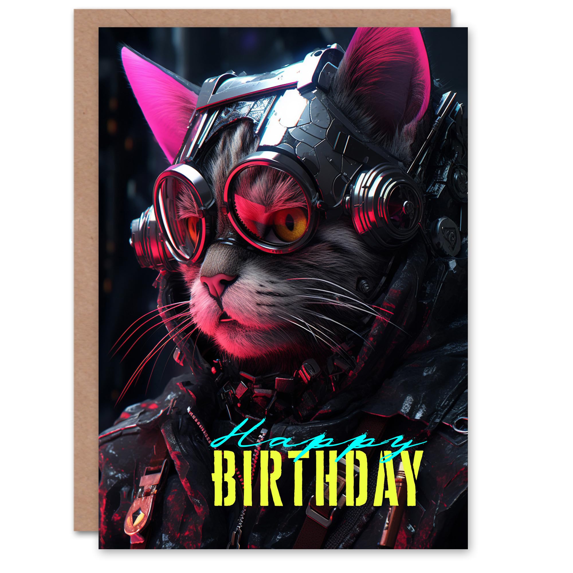 Artery8 Birthday Greeting Card Cyborg Cat Lover Sci-Fi For Him Her