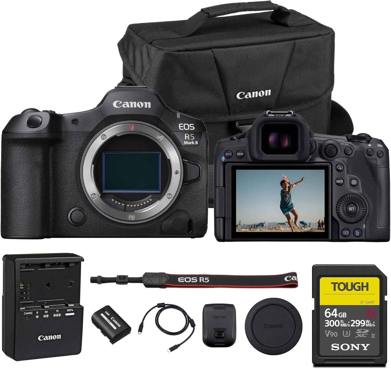Canon EOS R5 Mark II Mirrorless Camera | Flagship Hybrid Power, Refined for Next-Gen Creators (6536C002) + 64GB Memory Card + Shoulder Bag