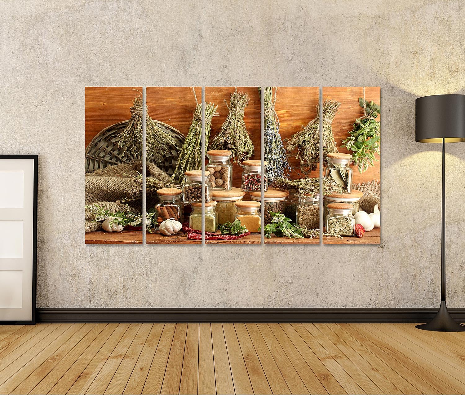 islandburner Wandbild auf Leinwand Kräuter und Gewürze in Gläsern für die Küche - 5-teilig XXL