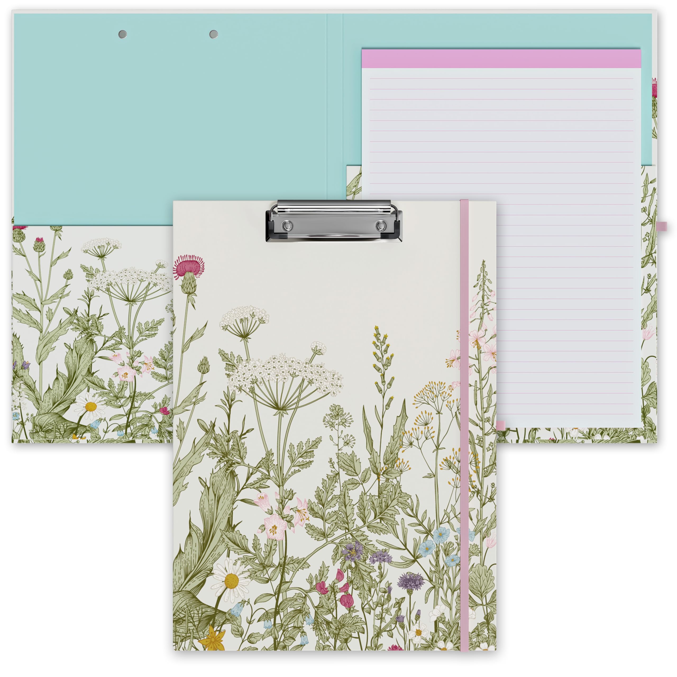 Clipboard Folio with Refillable Lined Notepad, Low Profile Clip and Interior Storage Pocket, Cute Clipboard Folder Design for Students, Office, School