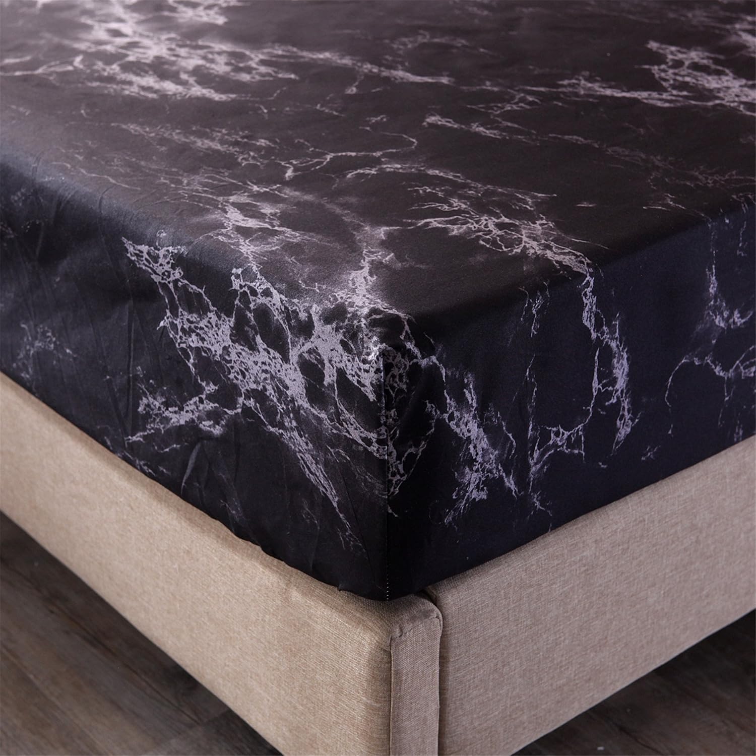 A Nice Night Mable Design Printing Bed Sheet Bedding Set, 100% Soft Microfiber Fitted Sheet (King, Black)