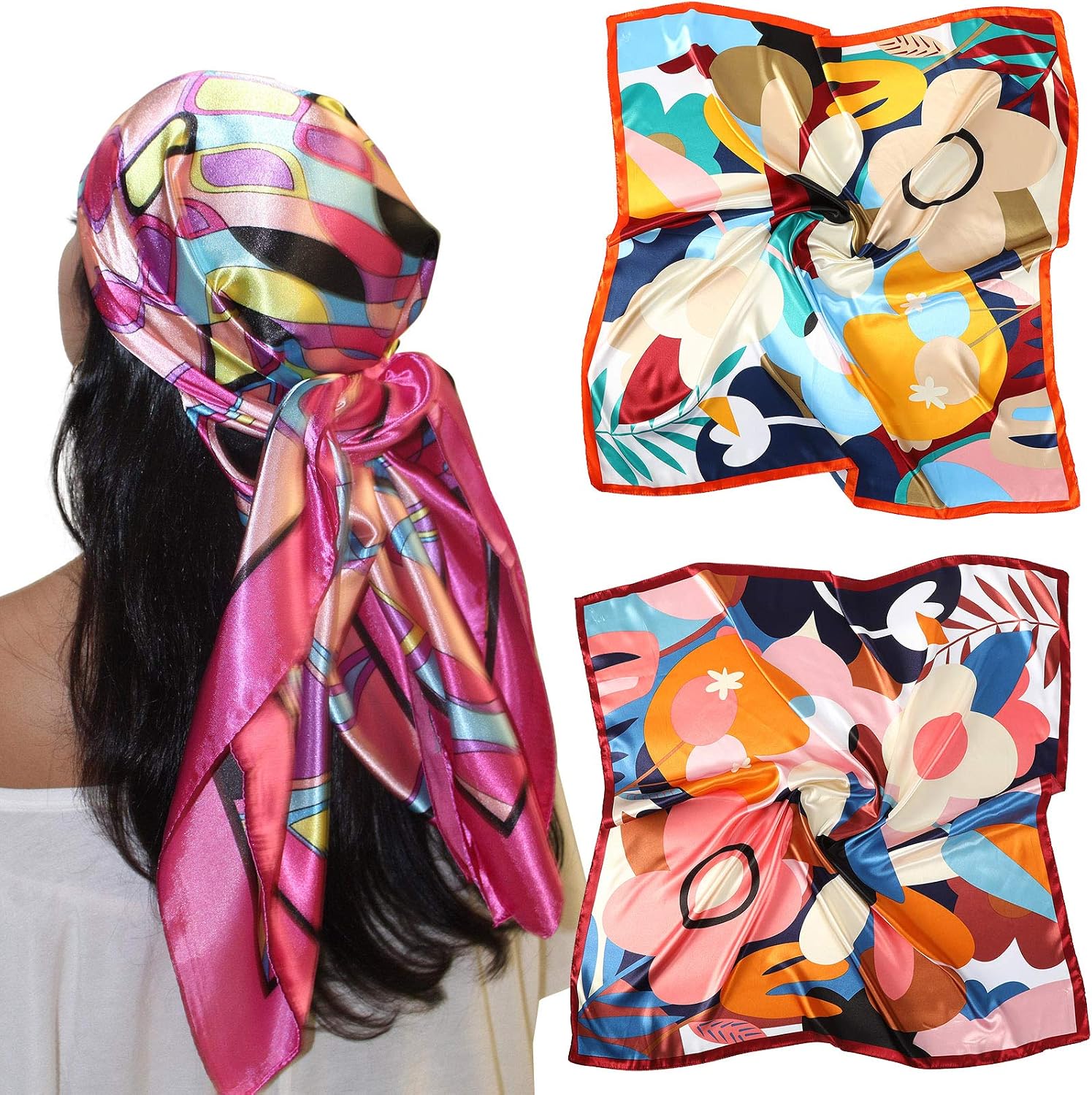 AWAYTR 35” Large Satin Square Head Scarf - 2Pcs Silk Like Floral Head Scarves Square Satin Hair Scarf Bandanas for Women