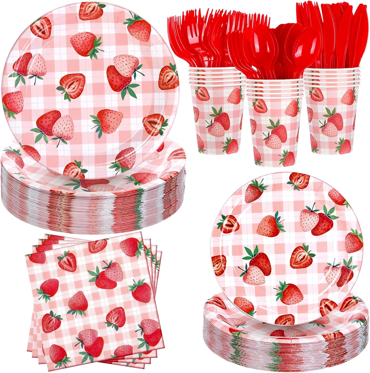 Ziliny 280 Pcs Strawberry Tableware Set Disposable Strawberry Paper Plates and Napkins Paper Cups Plastic Knives Forks Spoons for Baby Shower Berry Sweet Birthday Party Supplies, Serve 40