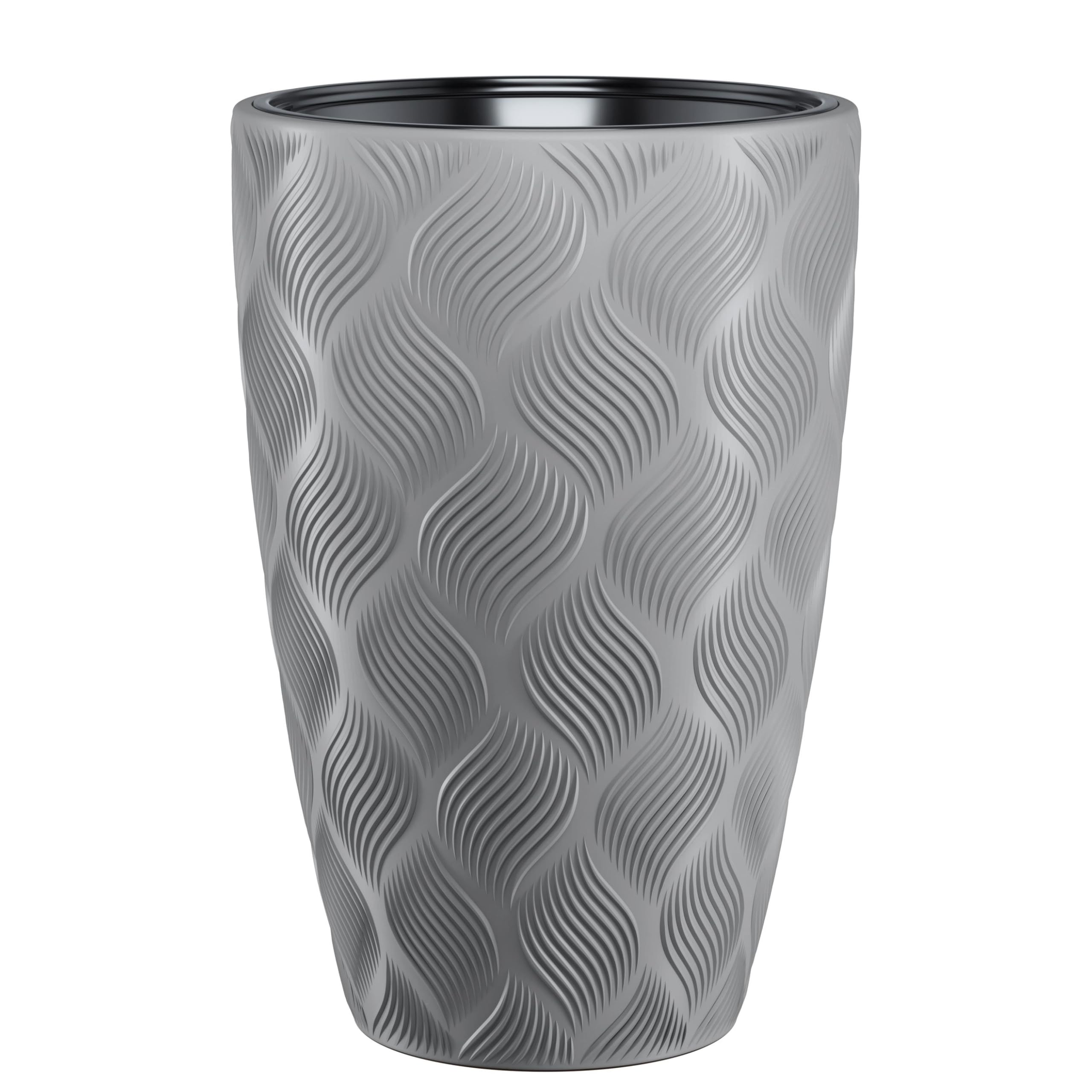 B2C Round Tall Plant Pot Elegant Large Flower Indoor Outdoor Garden Planters Flow High 5 Colours Wave Plastic Textured With insert (Platinum, H58cm x D38.5 cm)