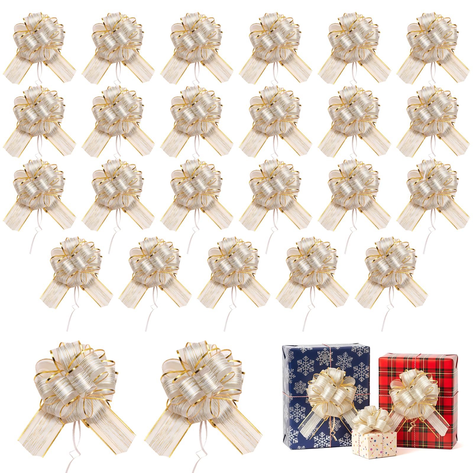 Hiuyavy 25Pcs 4Inch Pull Bows, Bow for Gift Wrapping, Ribbons Gift Bows, Gift Basket Hamper Kit for Gift Wrapping Baskets Wedding Birthday Gift Christmas-White & Gold