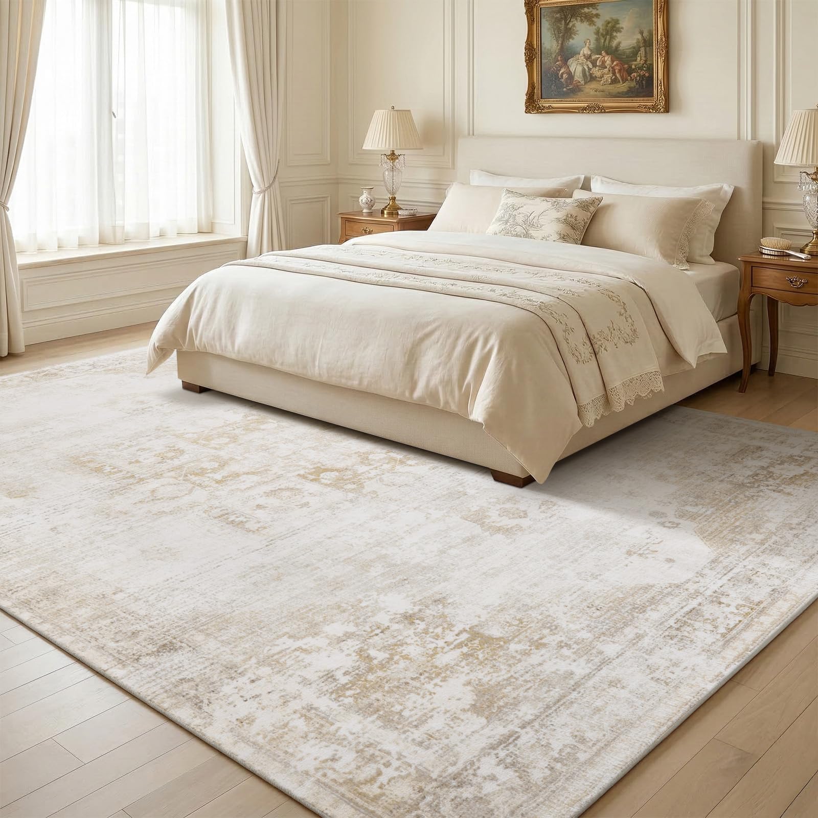 Sour Lemon Orientalischer Vintage Teppich Wohnzimmer 160X230cm Beige Carpet | Persischer Rug Retro Boho Kurzflor Flauschig Waschbar Großer Teppiche Gegend Modern Rutschmatte Für Schlafzimmer Esszimmer