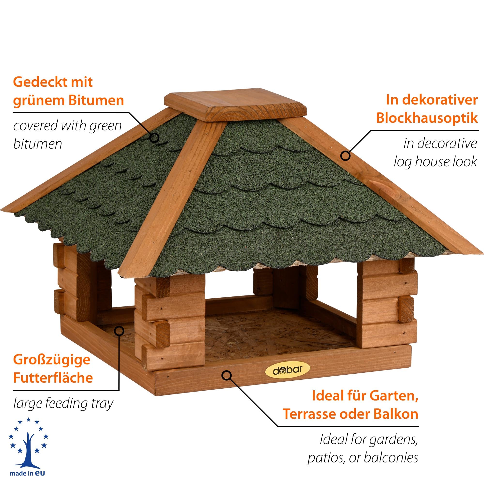 dobar® Vogelhaus Blockhaus 4-eckig mit Bitumendach - Vogelfutterhaus aus Holz wetterfest lasiert - Futterstation für Wildvögel stehend für Ständer - Grün