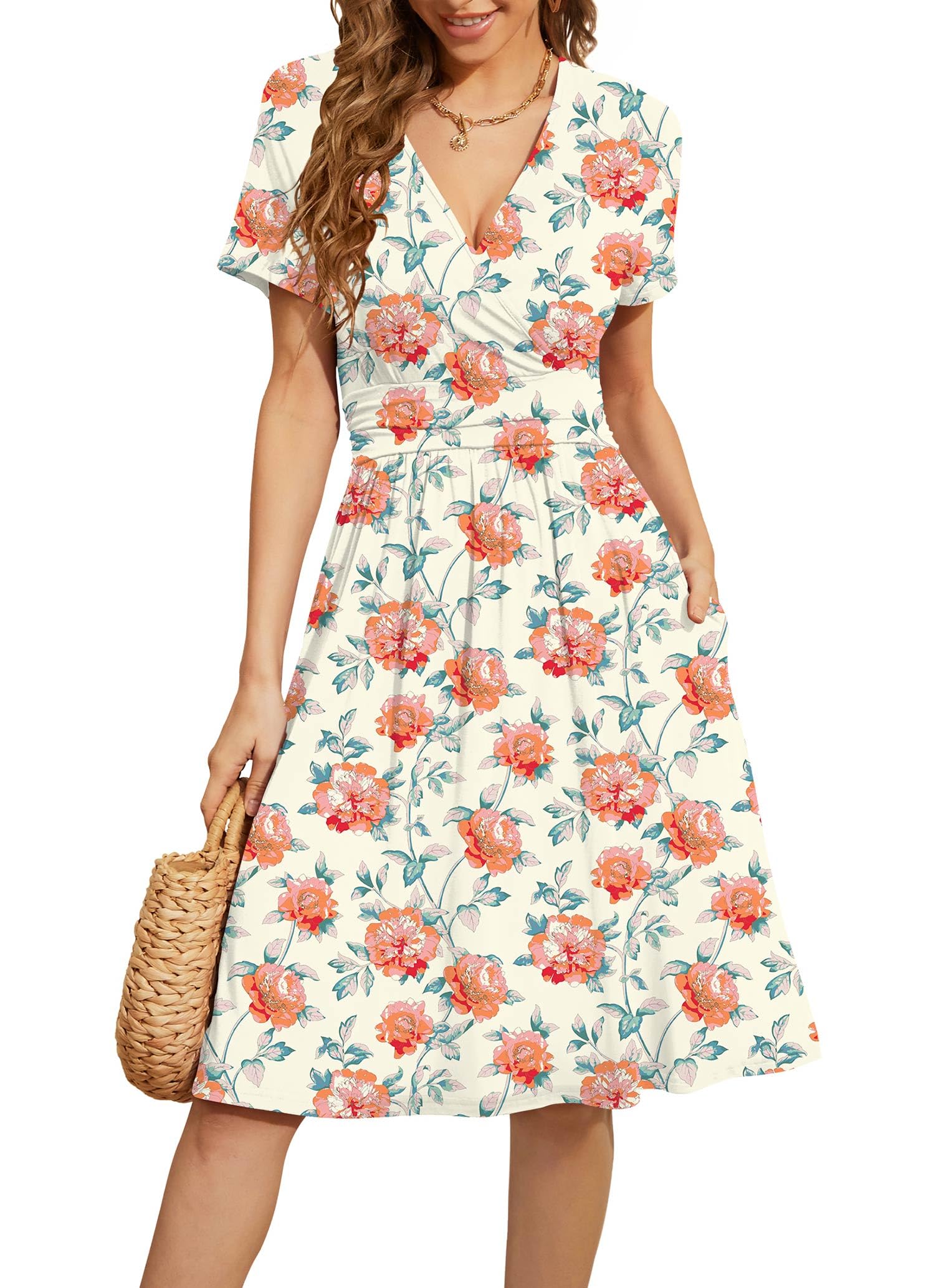WEACZZY Women's Summer Short Sleeve Casual Dresses V-Neck Floral Party Dress with Pockets