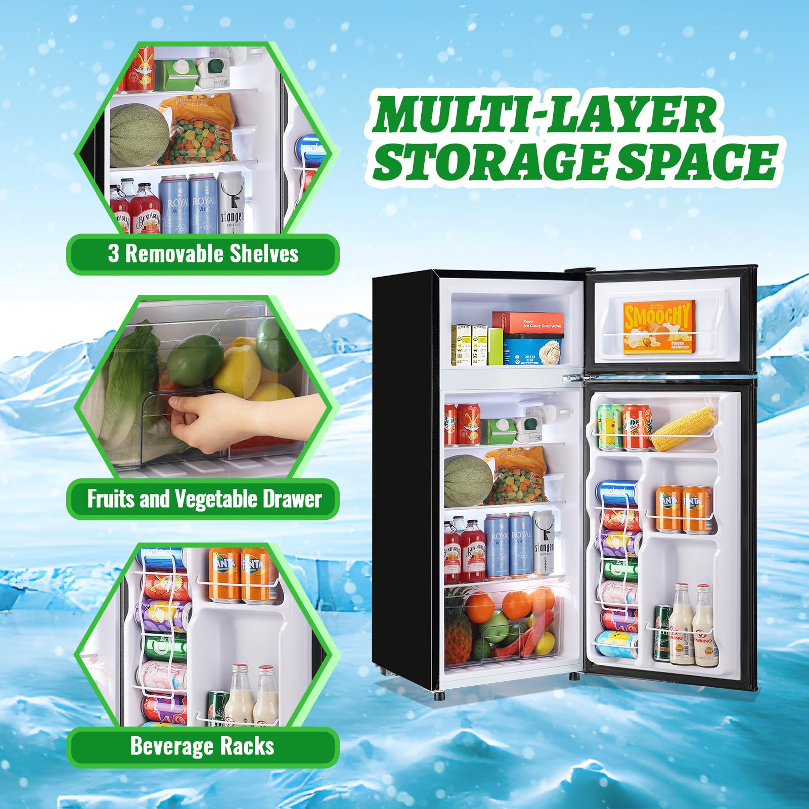 Demulelr 4.5cu.Ft Small Mini Refrigerator With Freezer Black Two Door Mini Fridge With Crisper Drawer & Extra Drink Space, LED Light, Apartment Size Fridge For Dorm Office 17.5" W X 18.5" D X 43" H on Fridge.com - View 3
