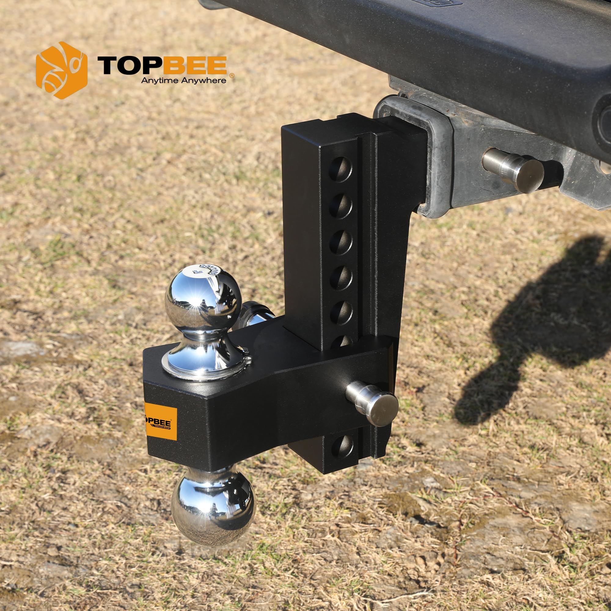 tow hitch- fits 2.5'' receiver only, 8'' drop/rise drop, dual ball (2'' x 2-5/16''), adjustable aluminum trailer hitch for heavy duty truck -18,500 gtw with trailer locks