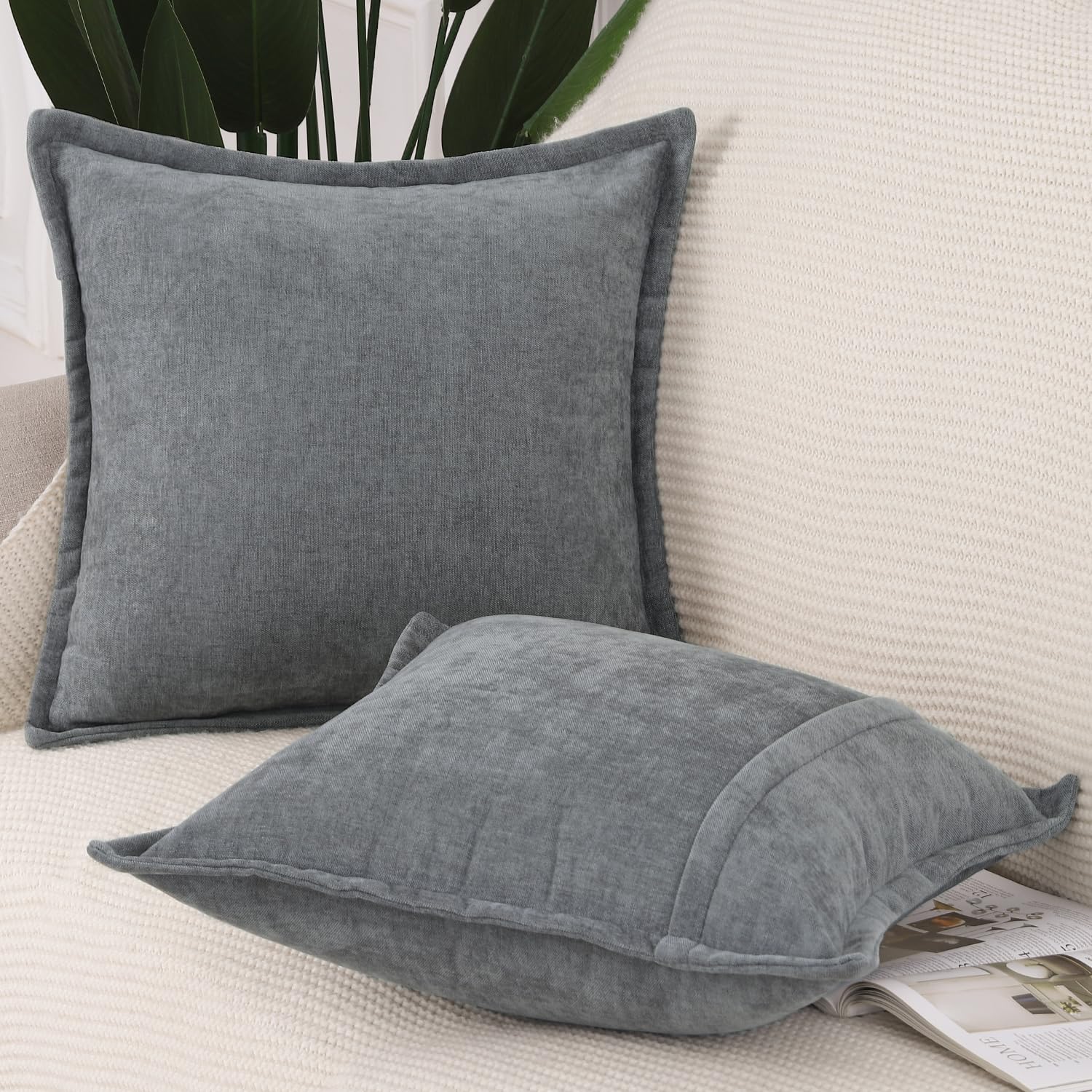 Madizz Fringe Chenille Cushion Covers Set of 2 Super Soft Boho Throw Pillow Covers Decorative Plain Throw Pillowcases Modern Home Decor for Sofa Bedroom Dark Grey 16x16 inch - Image 2