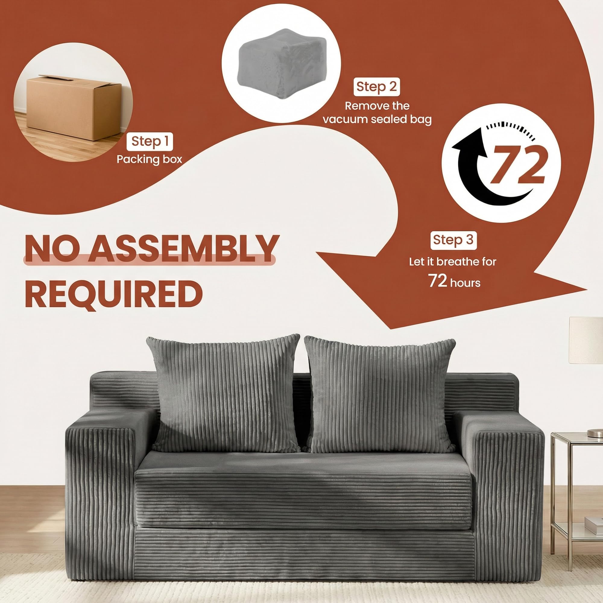 56" Boneless Couch, 5-in-1 Boneless Loveseat Sleeper Sofa Bed, Mini Convertible Pull Out Corduroy Futon Couch with Side Pockets & Handle, Folding Floor Sofa Bed with 4 Pillows for Small Space
