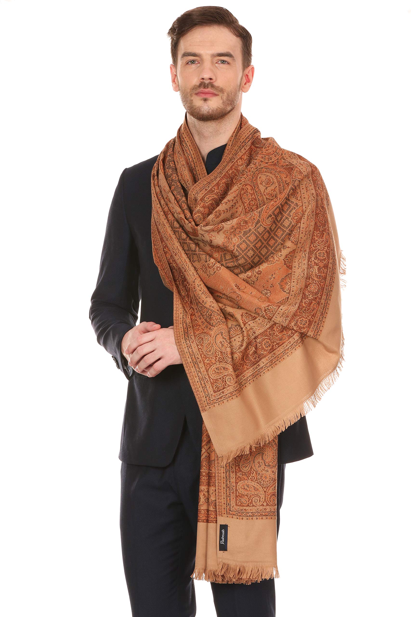 Pashtush Mens fine Soft Ethnic wool blended Stole, Jamawar design, Faux Pashmina (Natural Beige) 2
