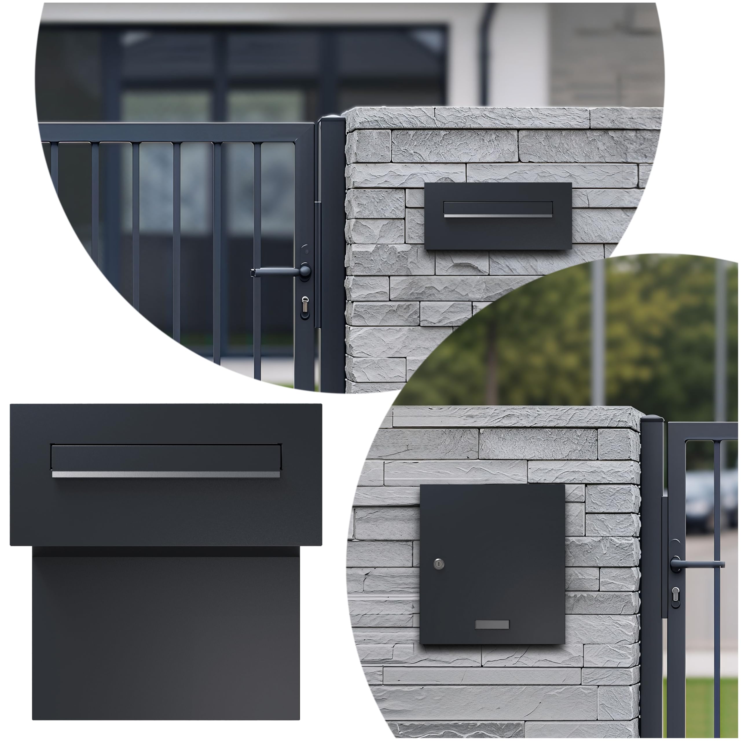 Sillar Buzón Empotrado en Pared Antracita con Placa para el Nombre | Caixa de Correo Exterior de Acero Galvanizado con Marco de Cobertura | Tapa Doble | 33 x 35 x 19-26 cm | Cerradura y 4 Llaves
