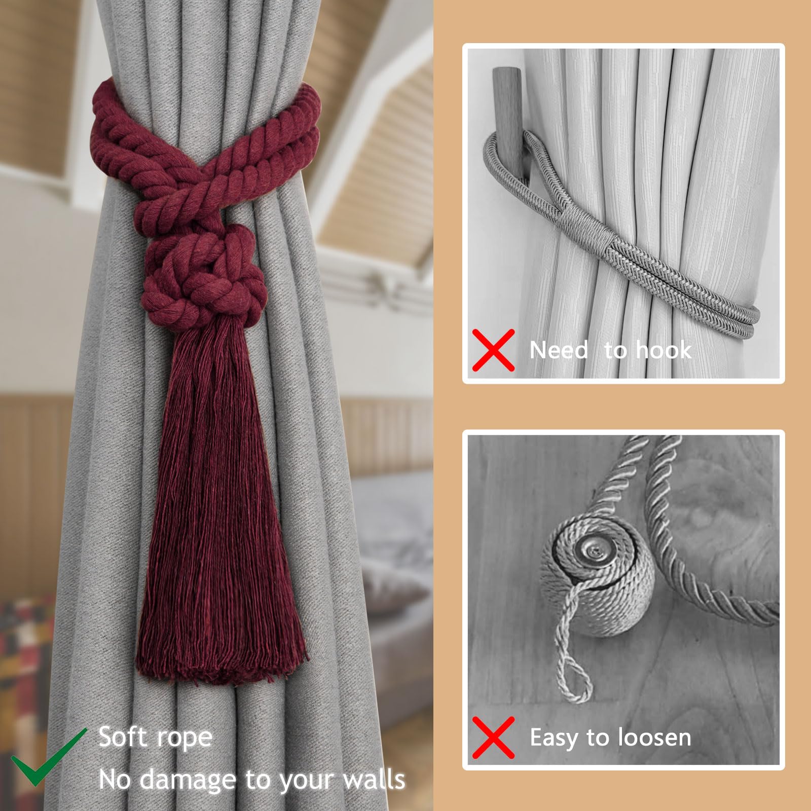 Pretty Jolly 4 Pack Natural Cotton Rope Tassel Curtain Tiebacks Boho Home Decor Drape Tie Backs Hand Woven Ball Curtain Holdbacks for Thin & Thick Home & Office Window Draperies (Wine Red) - Image 2