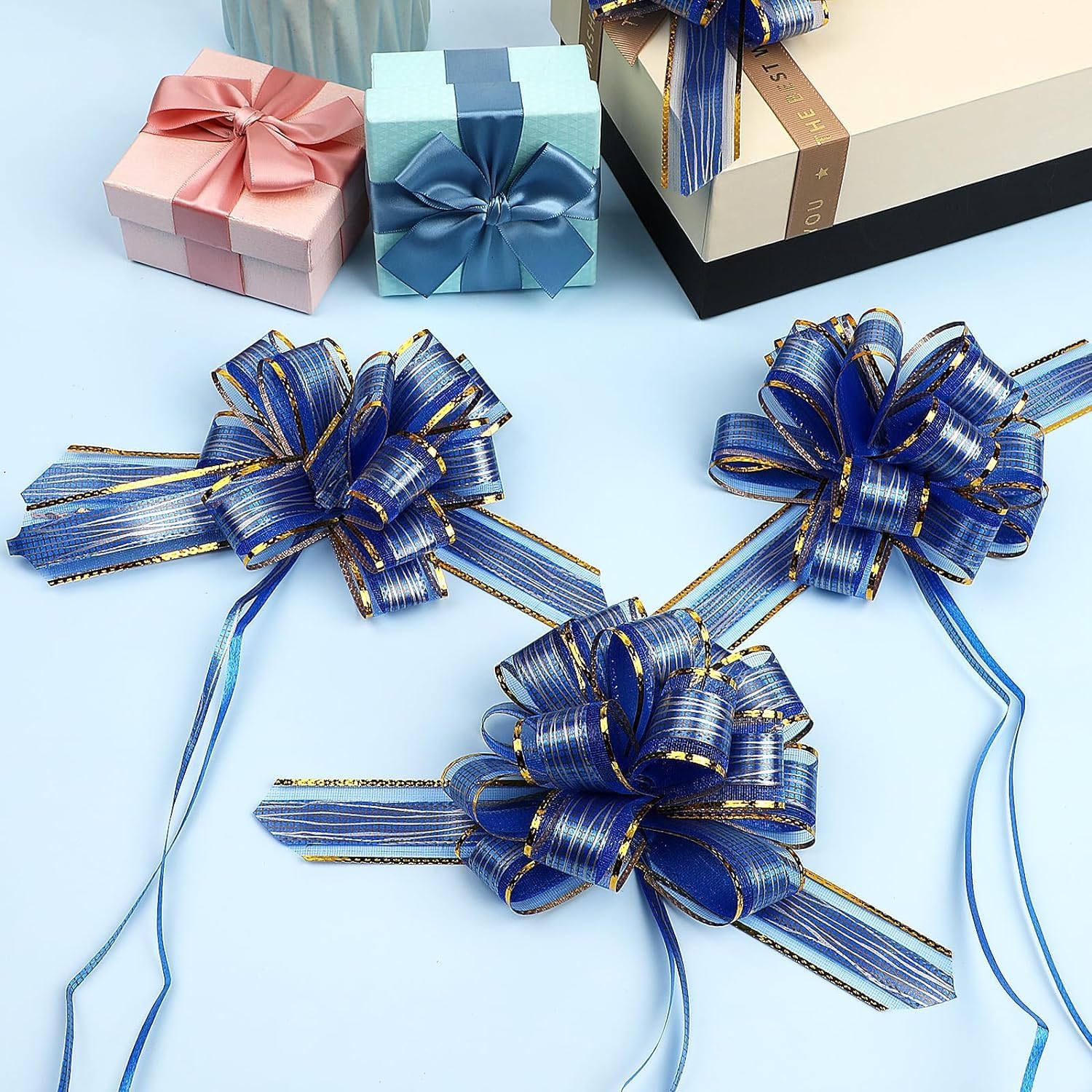 6 Pcs 6 Inch Blue Gift Wrapping Bows Large Pull Bow Wedding Gift Blue Ribbon Bow Wrapping Pull Bows for Party Birthday Holiday Gift Decorations Gift Wrapping Supplies - Image 2