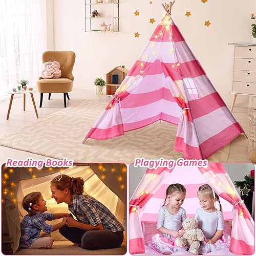 Miniatura 6 de Juego de 4 tiendas de campaña para niños con cadena de luz de estrella de 20 pies, tienda de campaña plegable de tela de algodón para niños, regalo