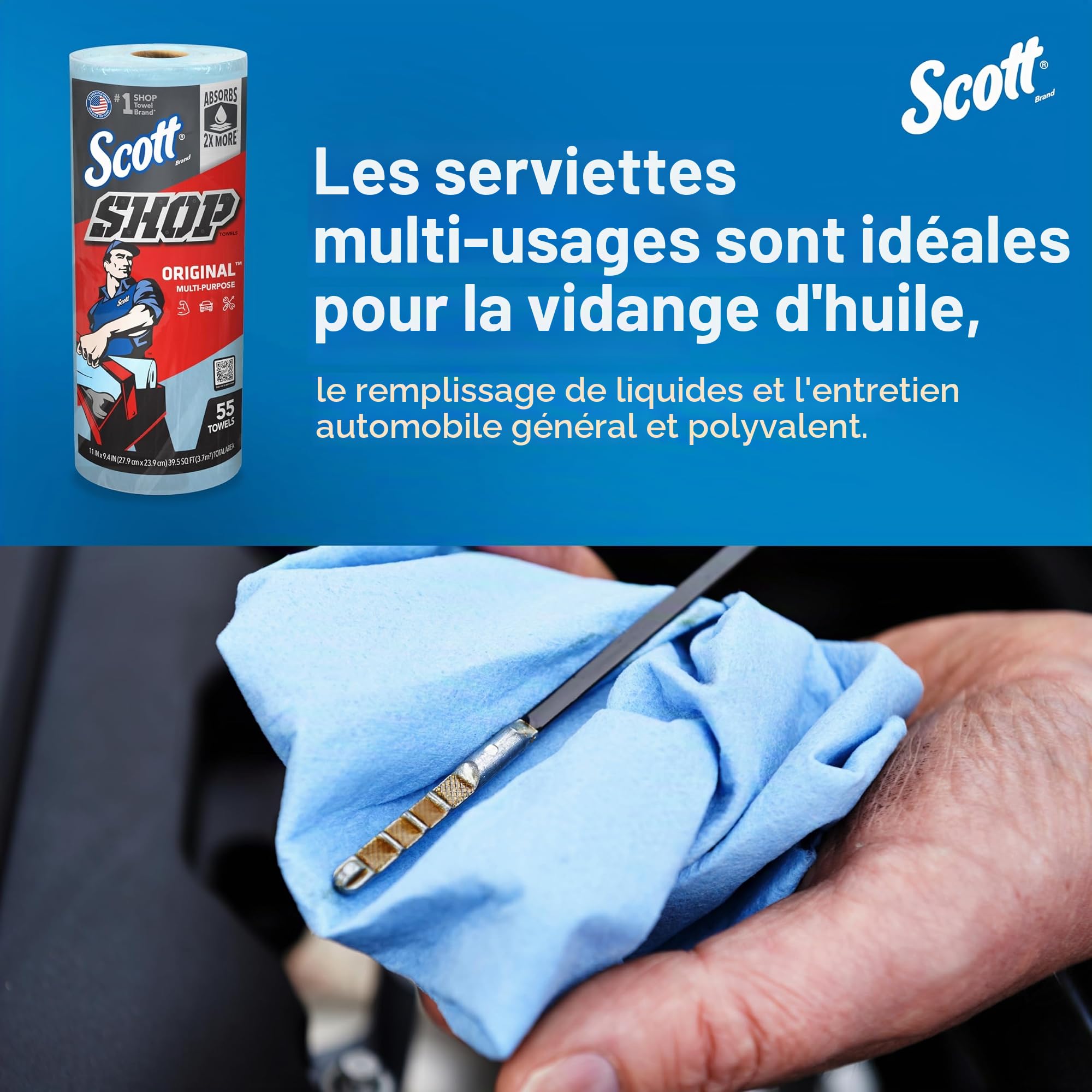 Essuie-mains Scott Shop Towels Original 75130 - Essuie-mains bleus pour essuyage intensif - 30 paquets de 1 rouleau bleu de 55 essuie-mains jetables (total de 1 650 essuie-mains)