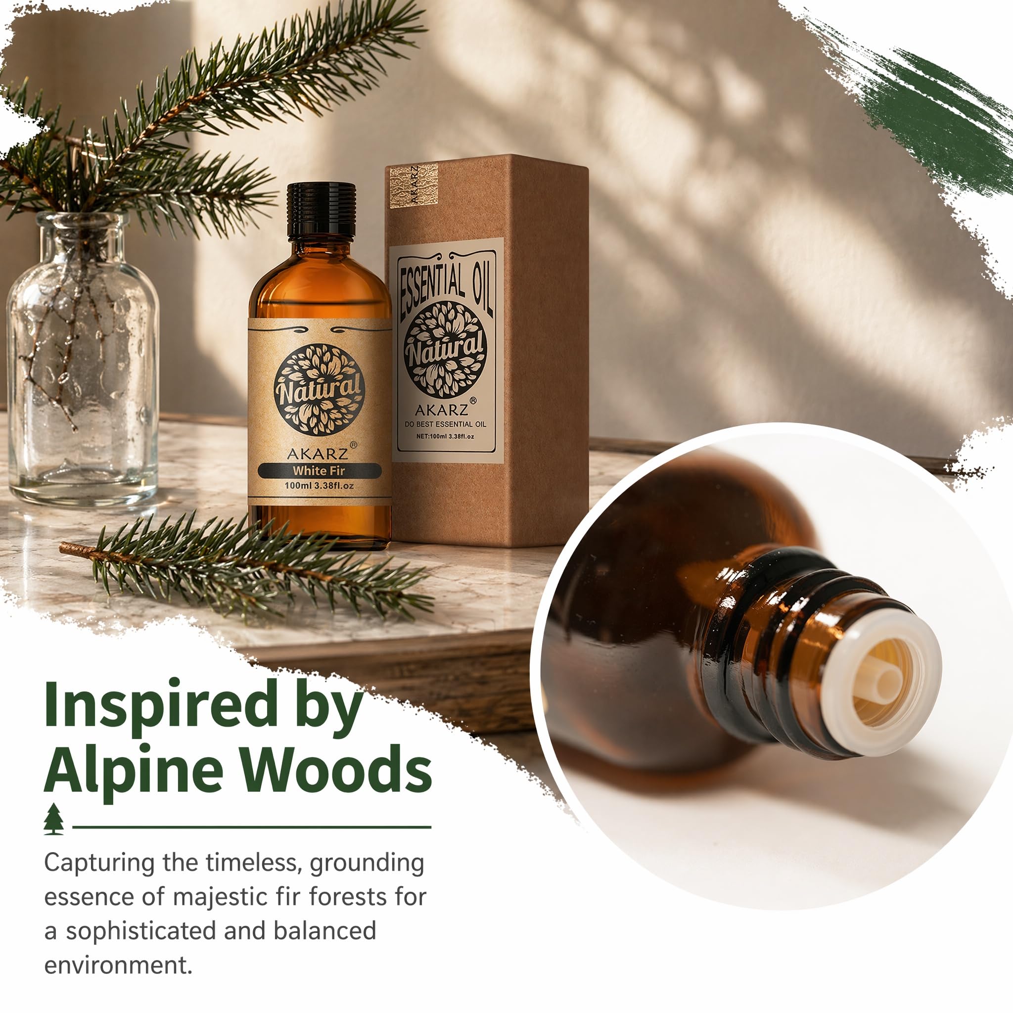 AKARZ 100ml Olejek esencjny z Jodły Białej - Naturalny olejek aromatyczny do dyfuzorów, lamp aromatycznych i aromatów pomieszczeń