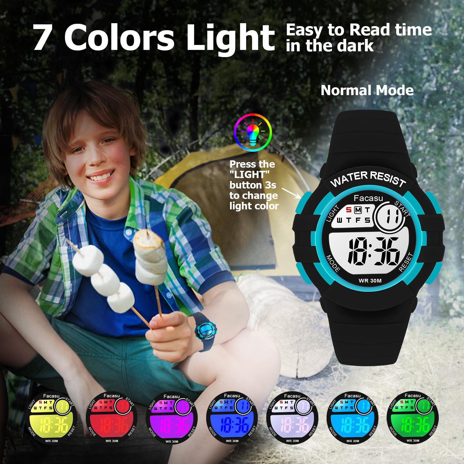 Reloj Digital Deportivo para Niños Niñas Resistente al Agua 50m con Luz Colorida Cronómetro Alarma 12/24h