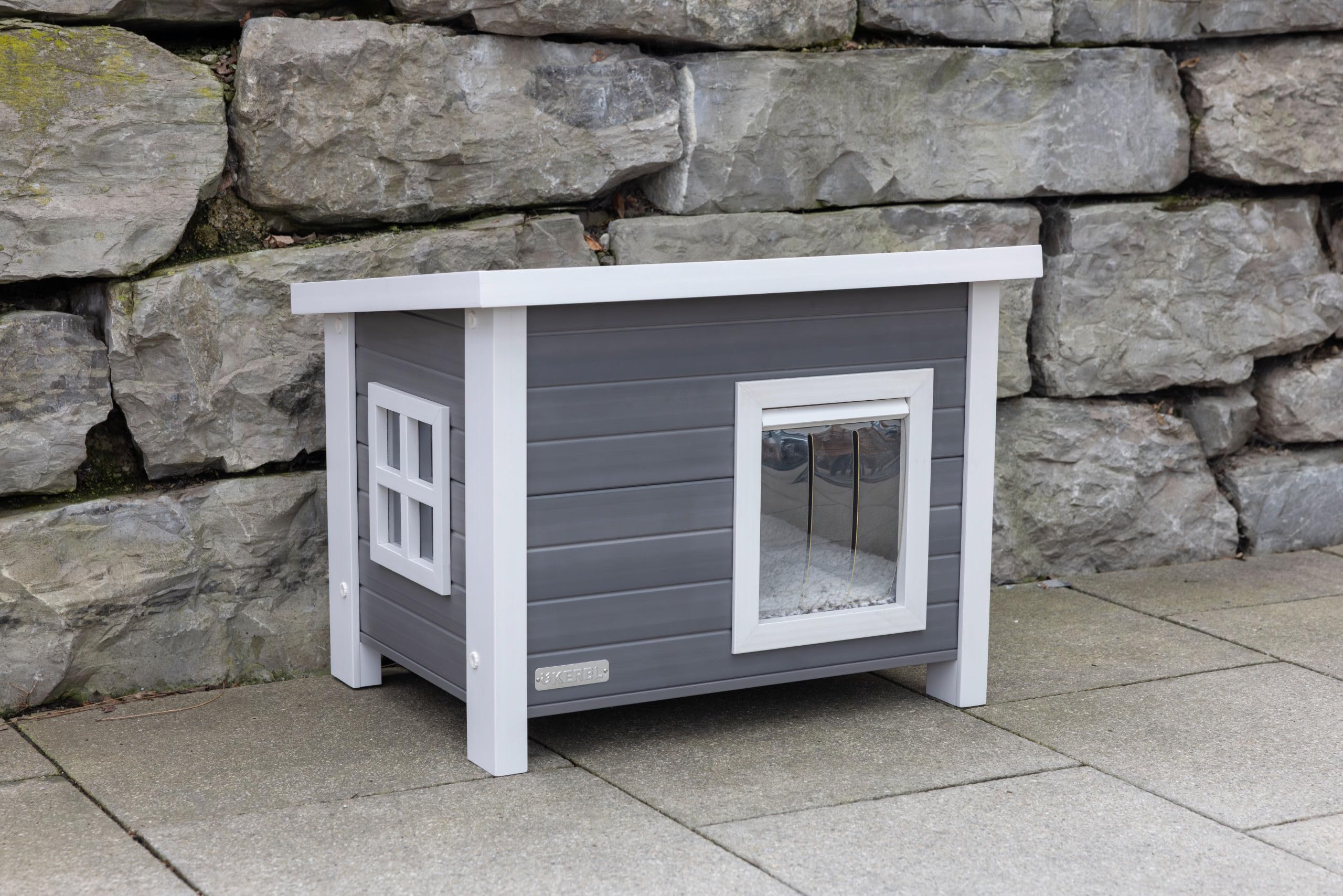 Kerbl Pet Eco Caseta para Gatos Eli, Gris, Blanca, 57x45x43cm, plástico Reciclado, Madera, Gatos, Resistente a la Intemperie, fácil Montaje