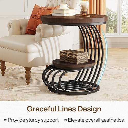 Miniatura 7 de Tribesigns Mesa auxiliar redonda mesa auxiliar con estantes de almacenamiento de 2 niveles, mesa auxiliar vintage para sala de estar, mesita de