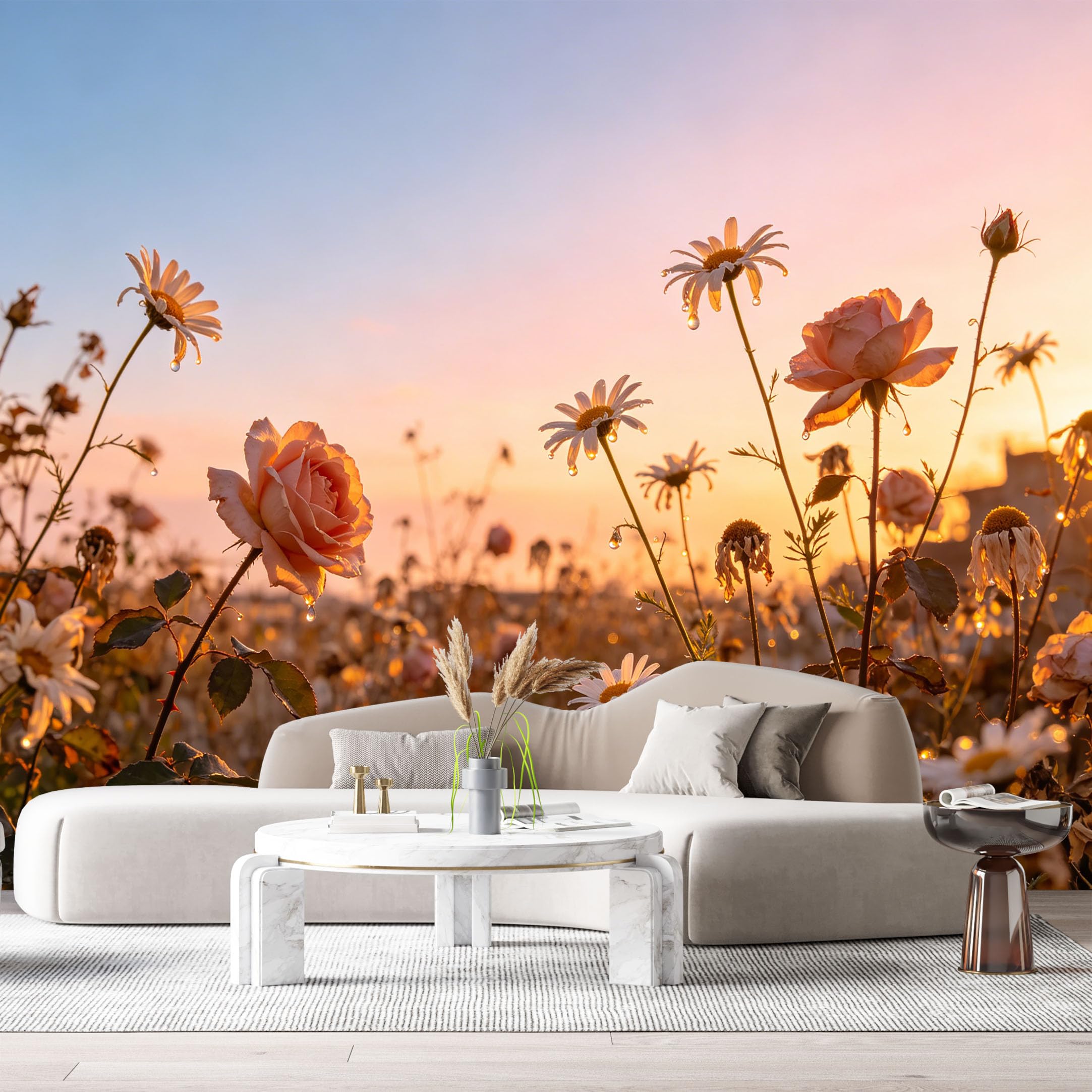 Custom Size Wall Murals Botanical Sunrise Rose Daisy Watercolor SelfAdhesive Wall Fabric Removable Large Wallpaper for Photo Living Room Decoration Wall Art Mural