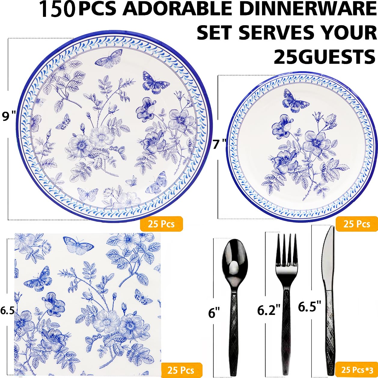 150Pcs Blue White Floral Party Supplies Blue and White Tableware Set 9 ...