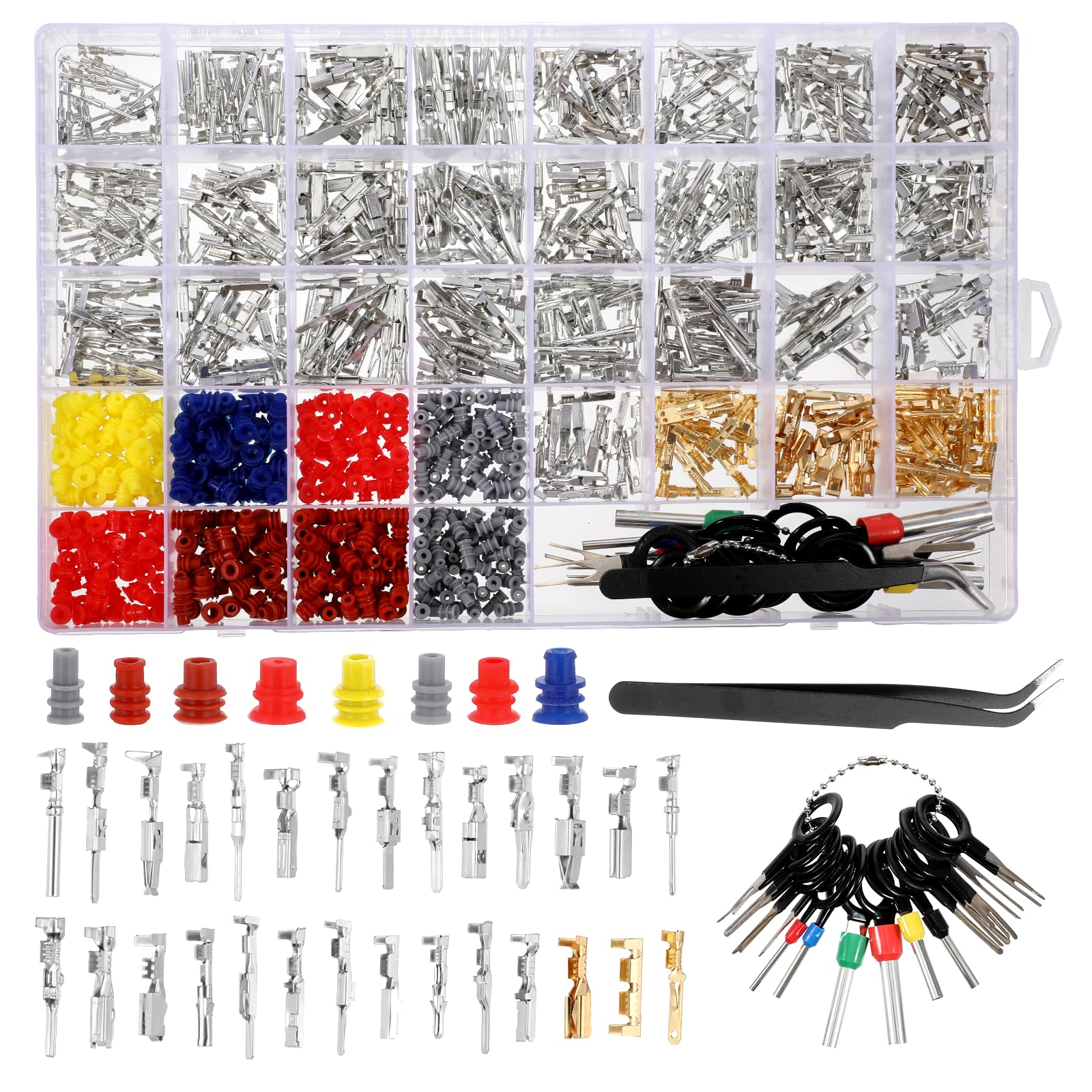 950 PCS Connector Pins Crimped Terminal Automotive Car Kit 1/1.5/1.8/2.2/2.3/2.5/2.8/3.5mm Male&female Wire Seals Electrical Connector Removal Tool Kit Motorcycle Atv Wire Non-insulated Plug Crimp Set