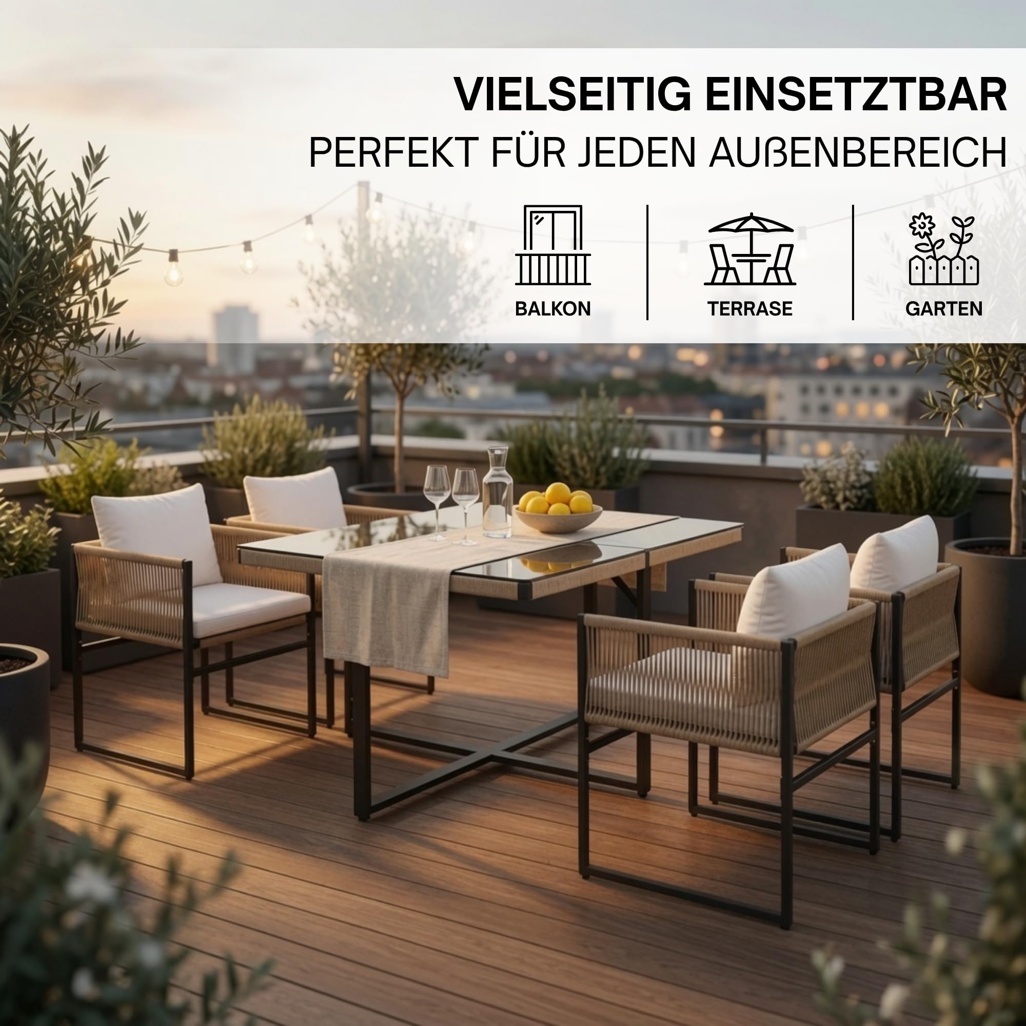 ESTEXO Set di mobili da giardino con elegante design in corda, per esterni, per 4 persone (beige)