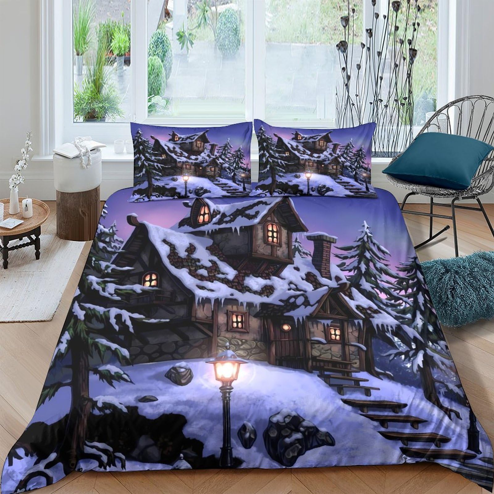 Ctjqhvkz Style-9 3D Printed Winter Cabin Fitted Sheet Microfiber Soft Anti-Slip Snowy Forest Bed Cover For Bedroom Guest Room Decor Single（135X200cm）