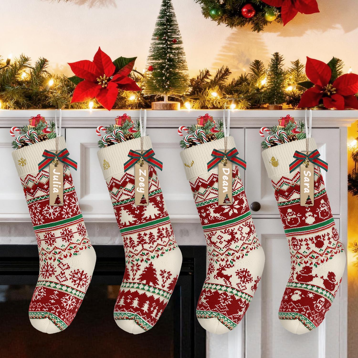 LIBWYS Knit Christmas Stockings with Patterns Reindeer, Tree, Snowflake, Snowman-4 Pack 18 Inch Large Knit Stockings, Personalized Christmas Stockings with DIY Name Tags for Family Holiday Decor