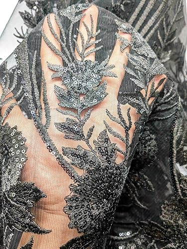 Miniatura 3 de Tela de encaje francés africano 5 yardas bordadas y lentejuelas para boda, beige 1