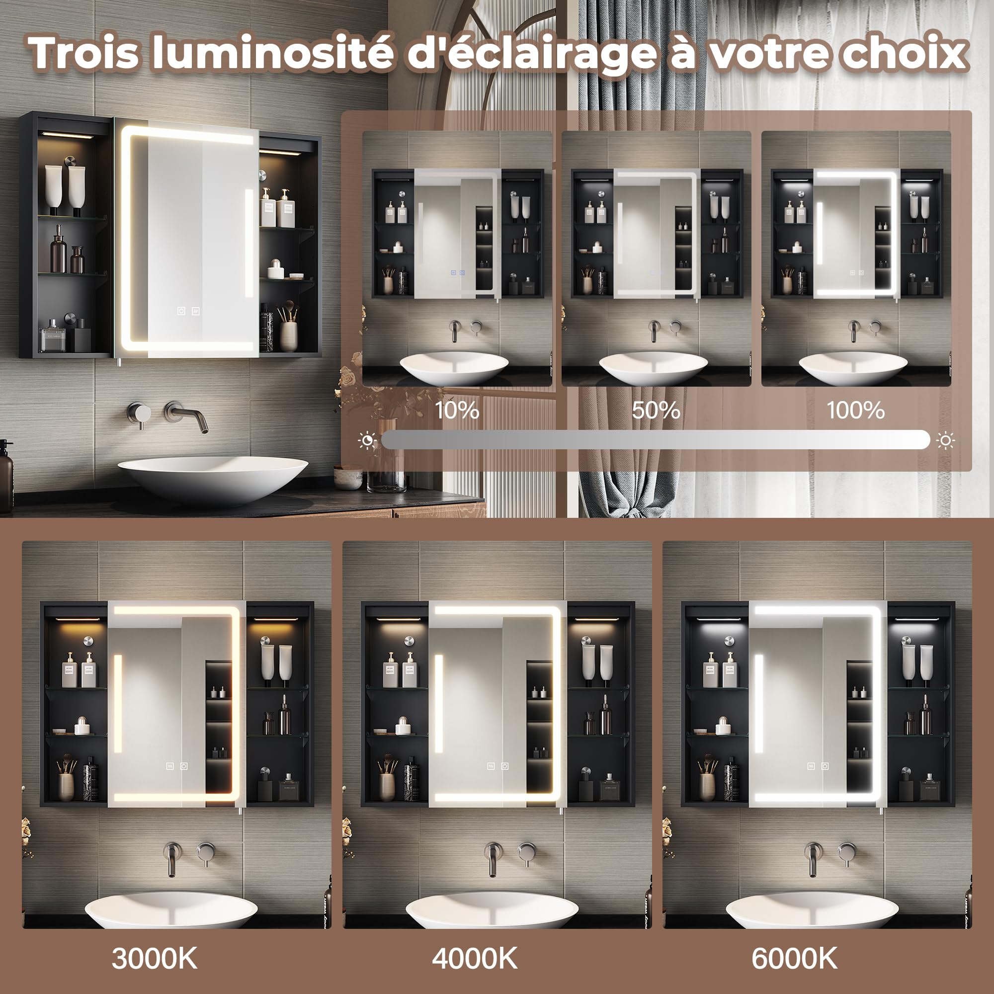Sirhona - Armario de baño con iluminación LED y tomas de corriente, interruptores de control táctil, regulable, con almacenamiento y estantes de cristal ajustables, 80 x 60 x 13 cm