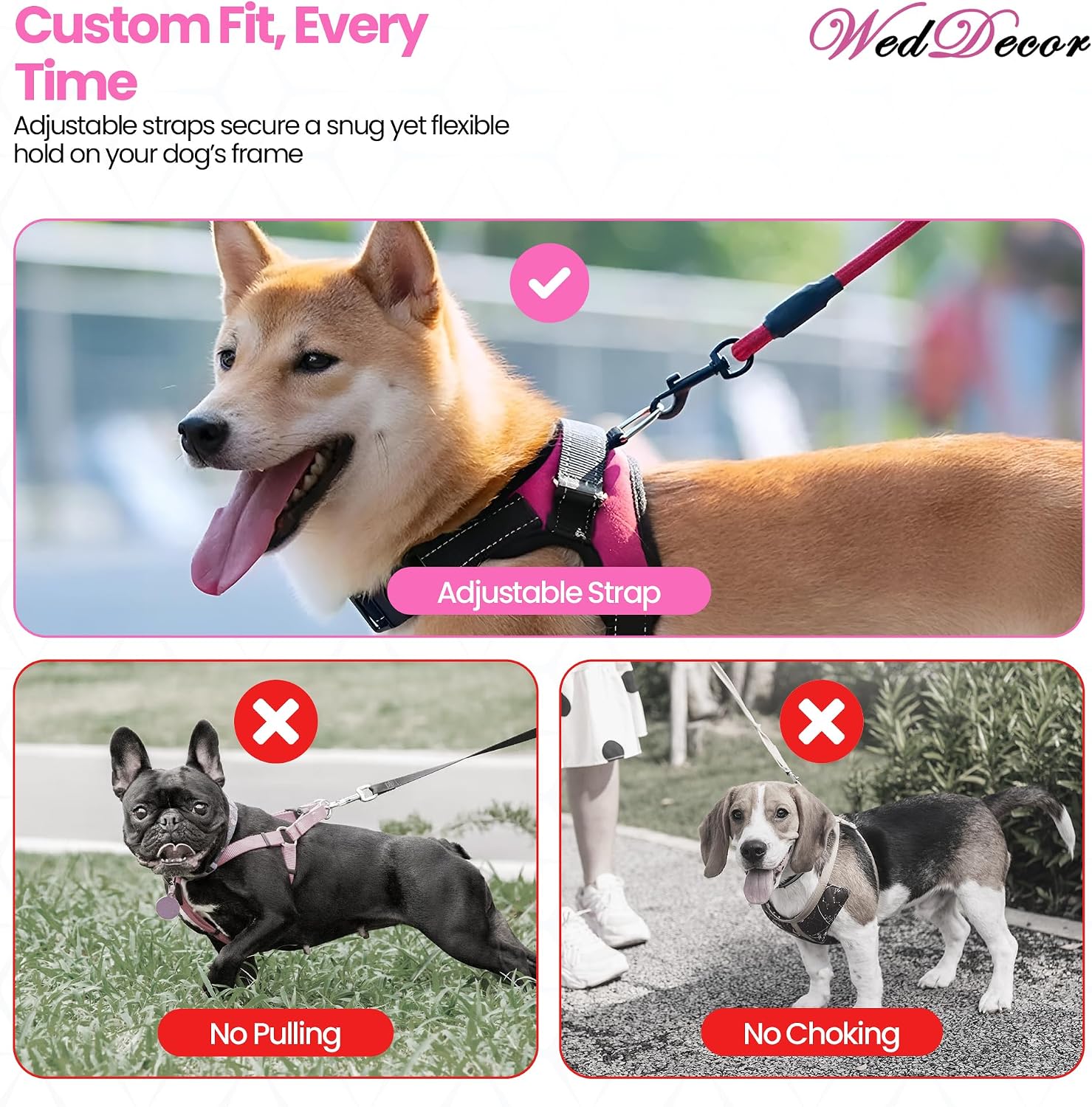 WedDecor Reflective Adjustable No Pull Dog Harness - Breathable No-Choke Design for Comfort and Easy Control Handle for Outdoor Training & Walking Dog Harness, Soft Padded Pet Vest, Pink, M
